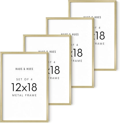 HAUS AND HUES 12x18 Gold Metal Picture Frames - Premium Aluminum with Hanging Hardware, Shatterproof Plexiglass - Perfect for Home or Office (12x18 in, Gold, Set of 4)