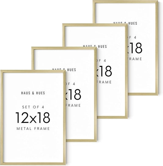 HAUS AND HUES 12x18 Gold Metal Picture Frames - Premium Aluminum with Hanging Hardware, Shatterproof Plexiglass - Perfect for Home or Office (12x18 in, Gold, Set of 4)