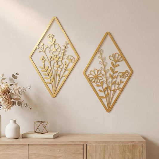 PullCrease 2 Pcs Metal Wall Art, Metal Flower Wall Decor, Modern Floral Art for Living Room, Bedroom, Bathroom, Rustic Farmhouse Decor, Sculpture Kitchen Decoration(Gold)