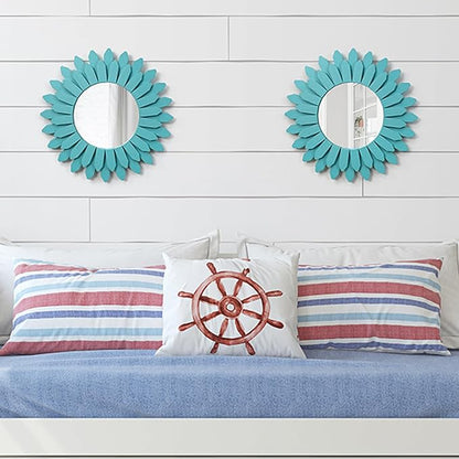 Honiway Beach Wall Decor Mirror 2 Pack 12 inch Wood Coastal Wall Decor Sunburst Boho Home Decor Room Decor for Bedroom Living Room Entryway Cyan