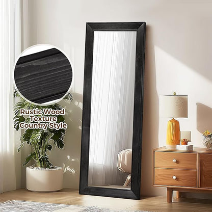 Full Length Mirror 58"x22" - Beveled Edge Rustic Black Dressing Mirror, Solid Wood Frame, Wall Mounted or Leaning for Bedroom, Entryway, Living Room