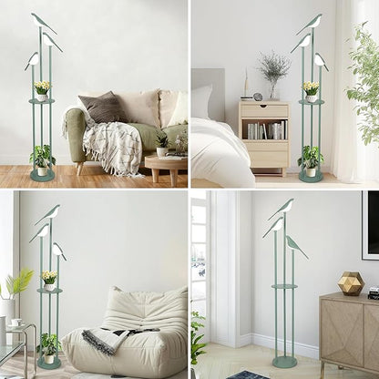 Bird Floor Lamp for Bedroom, Green Standing Lamps for Living Room, Corner Tall Lamp with Table, 3-Lights Vintage Floor Lamp, Modern Stand Up Lamp for Office, Girls Room, Unique Bird Lamps