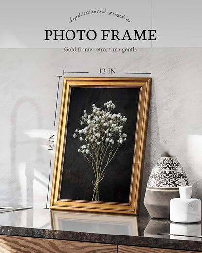 VIYYIEA Vintage Gold Framed Wall Art, Retro Dark Dried Wildflower Canvas, Aesthetic Classic Botanical Baby Breath Bouquet art, Victorian Wall Decor for Gallery Living Room Bathroom, 12x16inch