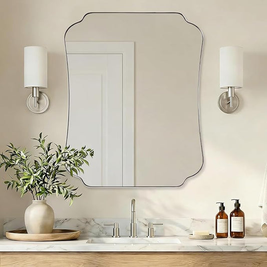 ANDY STAR 24"x30" Brushed Nickel Mirror, Scalloped Bathroom Wall Mirror with Metal Frame for Vanity, Vintage Notched Edges Design Ideal for Entryway, Living Room & Bedroom Decor