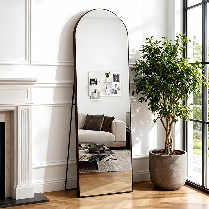 Dewfig Door Mirror with Stand, Arched Full Length Mirrors Over The Door, 16"x 50" Hanging or Wall Mirror, Full Body Mirrors for Bedroom,Living Room,Black