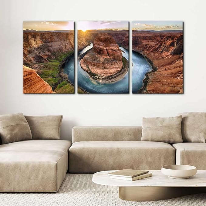 Pacimo 3 Piece Canvas Wall Art - Sunset Moment at Horseshoe Bend Colorado River Grand Canyon National Park Arizona Landscape Modern Home Art Decor Stretched and Framed Ready to Hang - 20"x28"x3 Panel