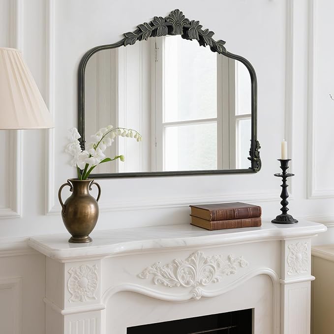 WallBeyond Black Antique Mirror for Vanity 32x24 Inch, Black Vintage Mirror with Ornate Frame, Arched Vintage Wall for Bathroom, Living Room, Fireplace