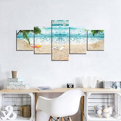 Surfing Waves Beach Picture Paintings Canvas Wall Art for Living Room Bedroom Home Decor Modern Seascape Landscape 5 Panels Framed Stretched Gallery Wrap Giclee Prints and Posters (50''W x 24''H)