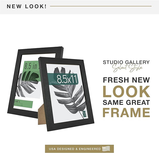 MCS Studio Gallery 8.5x11 Picture Frame Black Woodgrain Engineered Wood, Rectangle Photo Frame for Photos, Posters & Art Prints & Easel for Tapletop Display (2-Pack)