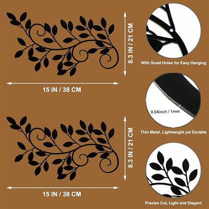 ESTART 2 Pieces Metal Tree Leaf Wall Decor Vine Olive Branch Leaf Wall Art Wrought Iron Scroll Sculptures for Above the Bed, Living Room, Bathroom, Hallway, Office, Outdoor Decoration (Black)
