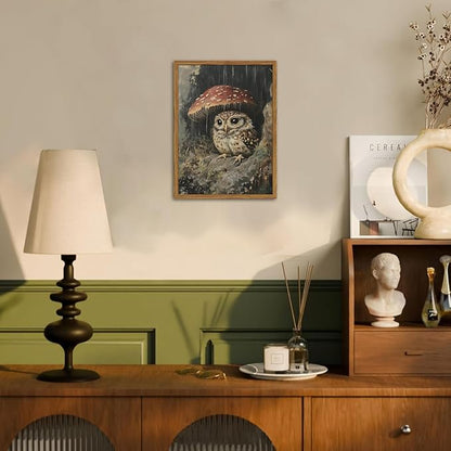 Framed Vintage Owl Canvas Wall Art, Cute Bird Mushroom Pictures Wall Decor, Cottagecore Forest Animal Paintings Prints Gothic Rustic Moody Home Decor for Living Room Bedroom Nursery 12x16 inch