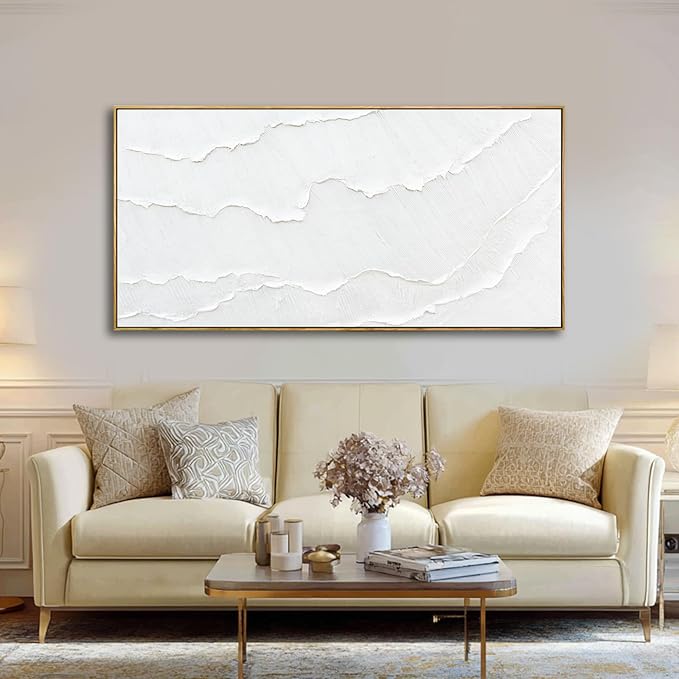 Contemporary White Abstract Hand-drawn Wall Art with Framed Large Canvas Ocean waves Painting for Living Room Bedroom Above Couch Decor 29"x58"