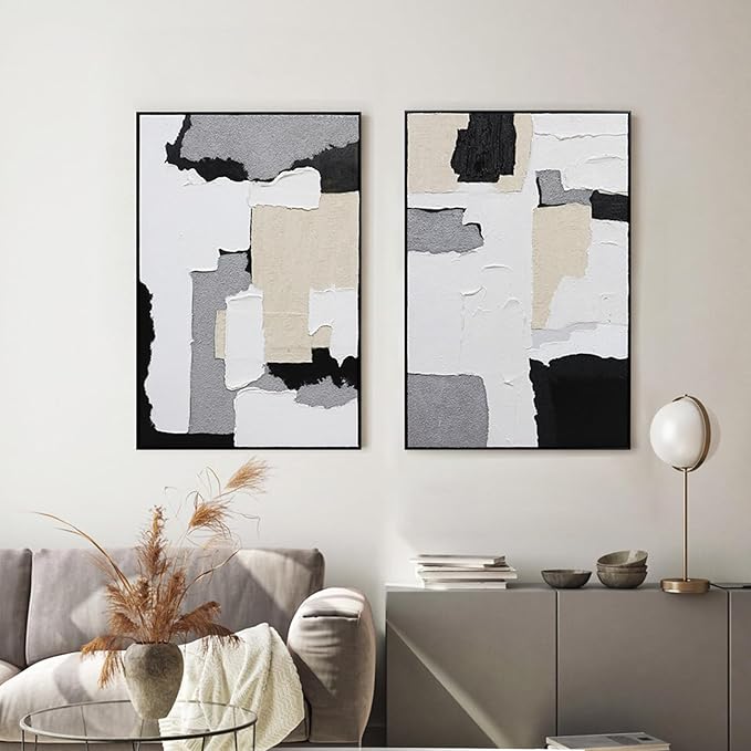 3D Textured Wall Art Hand-painted Neutral Black White Beige Tones Abstract Plaster Painting - Distressed Dimensional Minimalist Modern Living Room Bedroom Decor Framed Set of 2-24"x36" Each