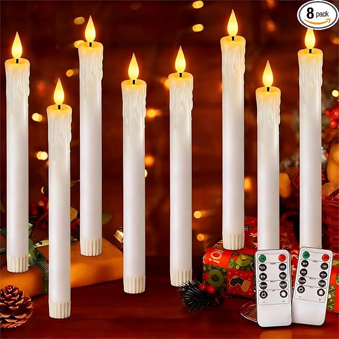 OCATO Flameless Candles with Remote Timer: 8 Pcs Battery Operated Window Candles 9.6" Real Wax LED Flickering Flameless Taper Candles 3D Wick Lights Halloween Christmas Wedding Party Decorations White