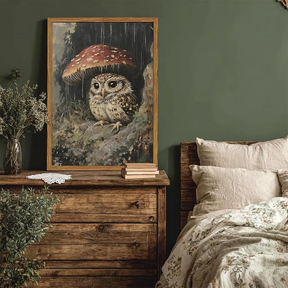 Framed Vintage Owl Canvas Wall Art, Cute Bird Mushroom Pictures Wall Decor, Cottagecore Forest Animal Paintings Prints Gothic Rustic Moody Home Decor for Living Room Bedroom Nursery 12x16 inch
