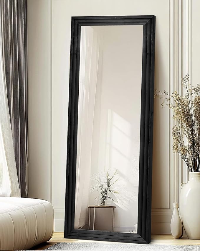 Full Length Mirror 65"x24" Solid Wood Frame Floor Large Mirror for Living Room, Bedroom Hanging or Leaning Wall-Mounted, Black