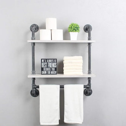 Iron Pipe Shelves Industrial Bathroom Shelves with Towel bar,24in Rustic Metal Pipe Floating Shelves Pipe Wall Shelf,2 Tier Industrial Shelf Wall Mounted,Retro White