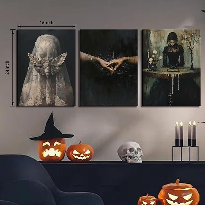 Dark Academia Wall Art, Moody Gothic Victorian Canvas Wall Decor Painting, Vintage Creepy Aesthetic Artwork Poster Prints Pictures for Living Room Bedroom 16x24 Inch Framed