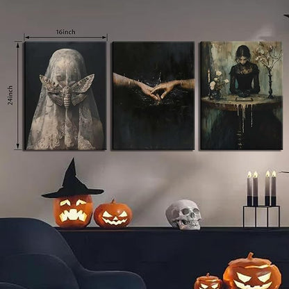 Dark Academia Wall Art, Moody Gothic Victorian Canvas Wall Decor Painting, Vintage Creepy Aesthetic Artwork Poster Prints Pictures for Living Room Bedroom 16x24 Inch Framed