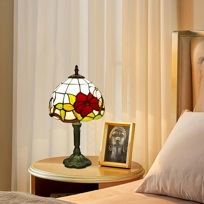 Tiffany Style Table Lamp, 3 Color Temperatures Bedside Lamp, 8 Inch Stained Glass Desk Light for Home Office Bedroom Living Room (Three Flower Pattern)