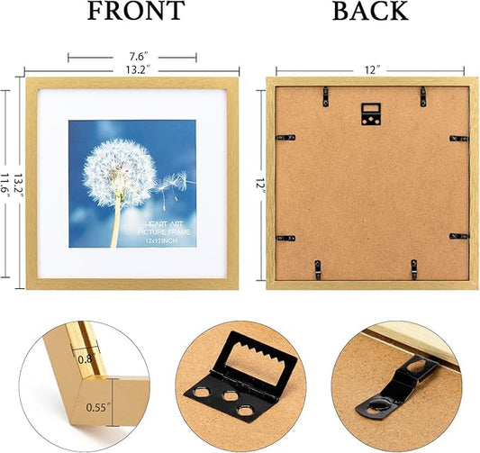 HEART ART 12x12 Gold Picture Frame Set of 9, Display Pictures 8x8 with Mat or 12 x 12 without Mat, Multi Collage Gallery Square Gold Photo Frames for Wall