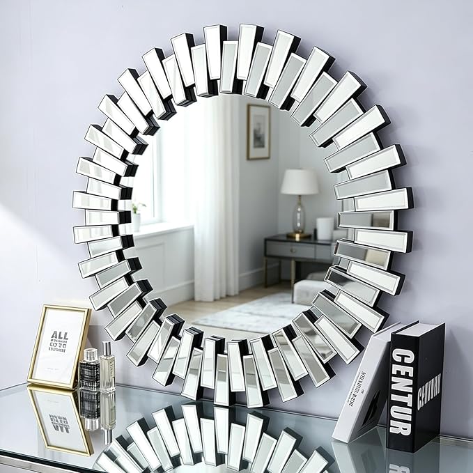 Chende Round Mirrors for Wall Decor, 32'' Large Living Room Mirror with Beveled Edge Glass Frame, Modern Decorative Mirror for Entryway, Dining Room, Bathroom