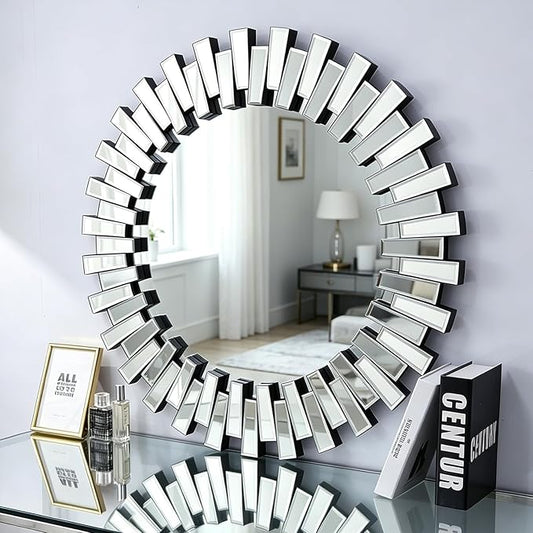 Chende Round Mirrors for Wall Decor, 32'' Large Living Room Mirror with Beveled Edge Glass Frame, Modern Decorative Mirror for Entryway, Dining Room, Bathroom