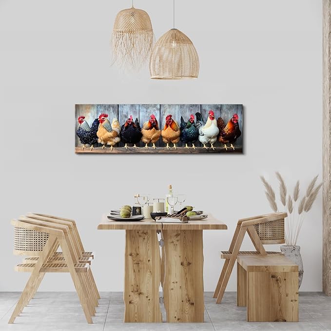 Large Farm Chicken Wall Art Rooster Kitchen Wall Decor Rustic Farmhouse Coop Picture Canvas Prints for Dining Room Decorations Colorful Country Animal Poster Painting Artwork Cabin Home Decor 14x48”