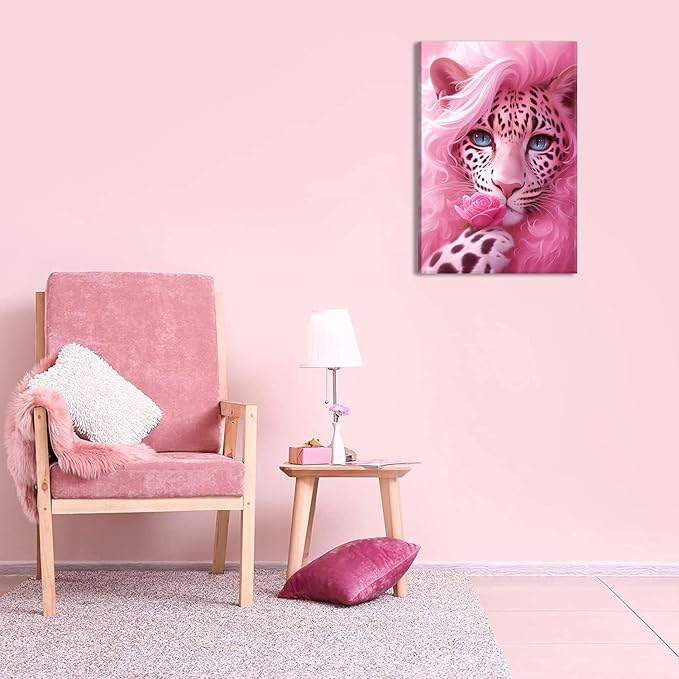 Whimsical Pink Mother Leopard Canvas Wall Art Fashionable and Beautiful Female Leopard Holding Roses Wall Decor Picture Attractive Blue Eyes Postre Print for Girls Room Preppy Dorm Artwork Decoration