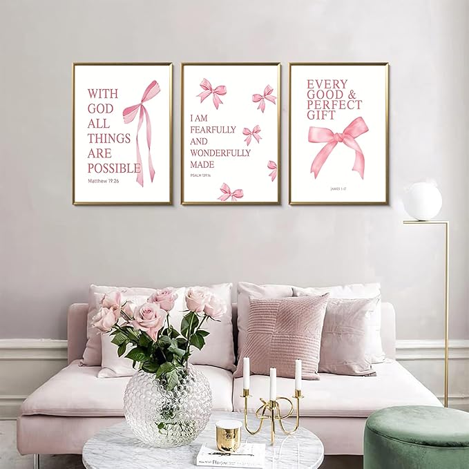 JBZDD Coquette Pink Bow Wall Art Decor Posters Set of 3, Inspirational Bible Verses Pictures Prints Coquette Aesthetic for Girls Room College Apartment Living Room Bedroom Unframed 12x16 In