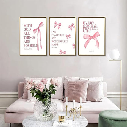 JBZDD Coquette Pink Bow Wall Art Decor Posters Set of 3, Inspirational Bible Verses Pictures Prints Coquette Aesthetic for Girls Room College Apartment Living Room Bedroom Unframed 12x16 In