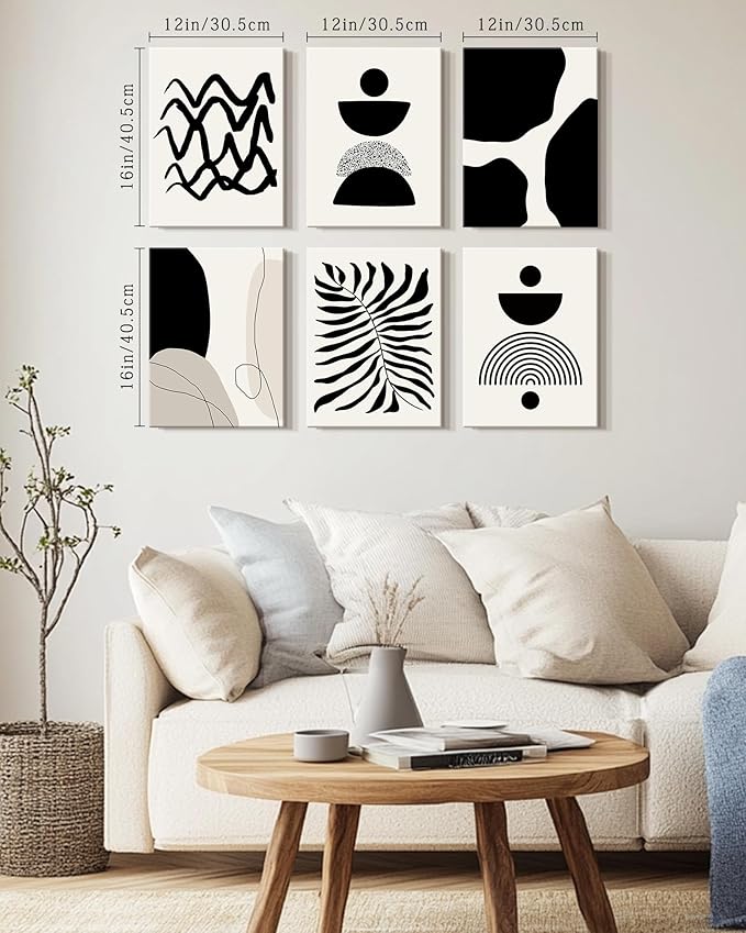 Drsoum Abstract Boho Wall Art Minimalist Geometric Framed Boho Room Decor Black Line Art Mid Century Modern Prints Bohemian Living Room Bedroom Ready to Hang 12x16inx6pcs (Framed)