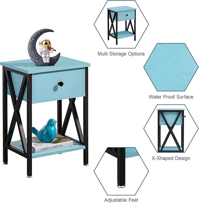 VECELO Nightstand,Modern Bedside End Table, Night Stand with Drawer and Storage Shelf for Living Room Bedroom, Industrial Metal Frame