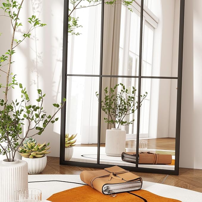 65"x 22" Arched Full Length Window Wall Mirror,Winndow Pane Mirror, Farmhouse Arched-Top Mirror with Metal Framed, Rustic Decorative Mirrors - Black