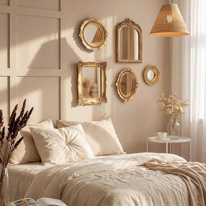 5 Pcs Vintage Gold Mirror Luxury Set Small Gold Mirrors Vintage Gallery Wall Mirror Hanging Antique Art Decor for Wall Living Room Entryway Assorted Sizes (Stylish Style,10in/8in/7in/4in)
