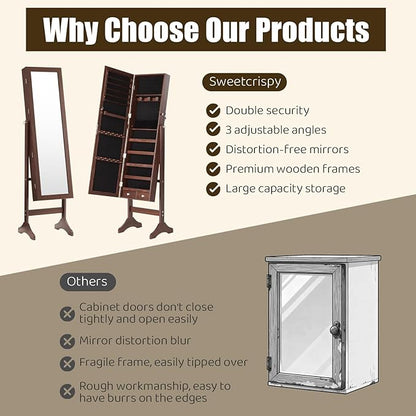 DUMOS Jewelry Armoire Cabinet with Full Length Mirror, 47.3" Jewelry Organizer, Lockable Large Capacity Jewelry Armoire with Drawers, 3 Adjustable Angles, Rustic
