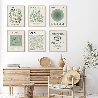 Habseligkeit Sage Green Matisse Wall Art Posters, Boho Vintage Master Wall Decors, Posters for Room Aesthetic Unframed, 11x14in, Set of 6