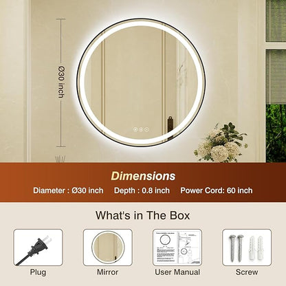 30 Inch Round Black Framed LED Bathroom Mirror with Lights, Built-in Bluetooth Speaker,Tempered Glass,Dimmable Lighted Bathroom Vanity Mirror with 3 Colors, Backlit + Frontlit, Memory, Anti-Fog