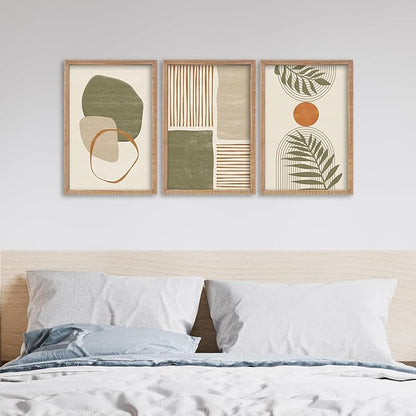 SRSZHIYUE Large Green Abstract Boho Plant Wall Art Neutral Bohemian Set of 3 Wood Framed 16x11 Inch for Living Room Bedroom Wall Decor Hanging (Wood)