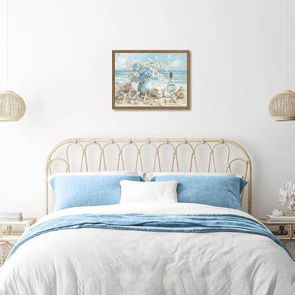 Framed Beach Canvas Wall Art, Blue Coastal Pictures Wall Decor Paintings, Ocean with White Floral Shell Poster Prints, Modern Seascape Artwork Home Decor for Living Room Bathroom 16x24 inch