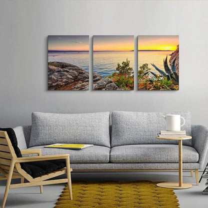 Canvas Wall Art for living room bathroom Wall Decor for bedroom artwork Canvas Prints sun ocean landscape painting 12" x 16" 3 Pieces framed office family wall decorations Pale yellow kitchen picture