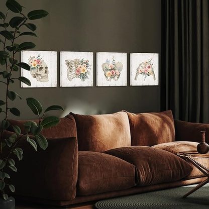 KREATIVE ARTS 4-Piece Vintage Skull Canvas Wall Art Floral Skeleton Anatomy, Gothic Decor for Bedroom, Living Room, or Office, Medical Human Anatomy Halloween Print, Ready to Hang