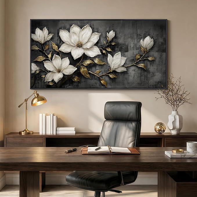 Large Framed Black and White Botanical Wall Art for Living Room, Modern Magnolia Floral Canvas Prints Paintings, Elegant Flower with Gold Leaves Pictures for Dining Room Office Wall Decor, 60x30 Inch