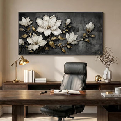 Large Framed Black and White Botanical Wall Art for Living Room, Modern Magnolia Floral Canvas Prints Paintings, Elegant Flower with Gold Leaves Pictures for Dining Room Office Wall Decor, 60x30 Inch