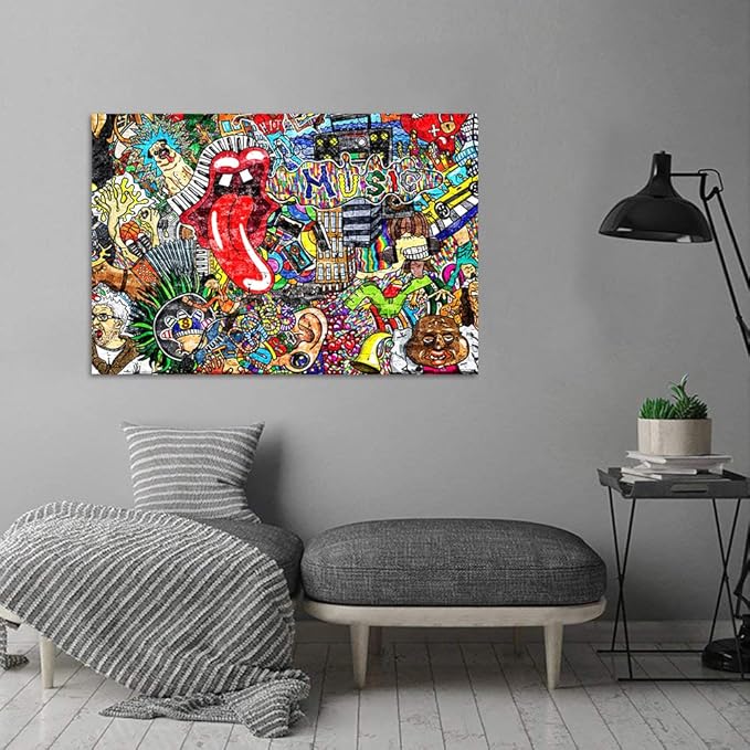 Graffiti Paintings Canvas Colorful Wall Art Living Room Decor Pictures Music Collage on Brick Wall Contemporary Home Decor Modern Artwork Posters and Prints Framed Ready to Hang (44''W x 28''H)