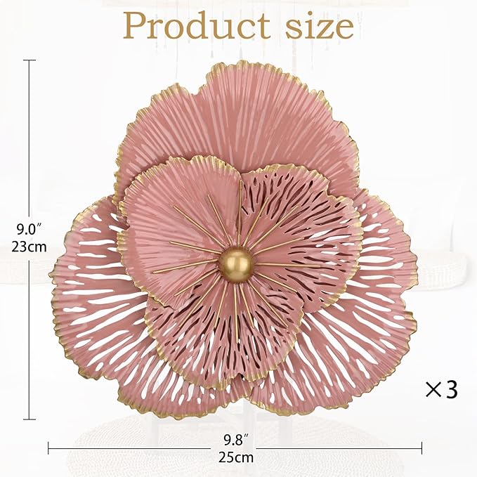 DILATATA 3 Pcs Metal Flower Wall Art Set 10 Inch Rustic Modern Floral Sculpture 3D Metal Flower Wall Hanging Accent for Indoor Living Room Bedroom Kitchen Bathroom Garden Patio Decor - Pink