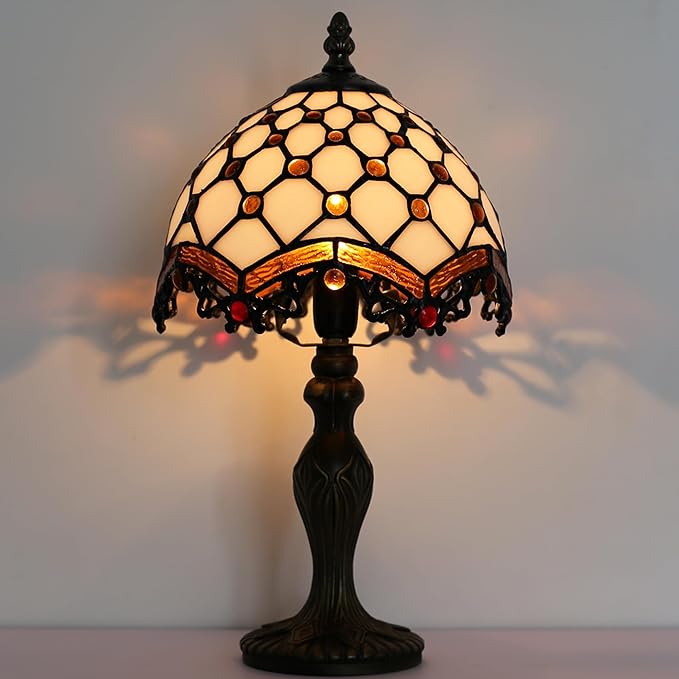 Tiffany Style Lamp Stained Glass Table Lamp 8 x 14.5” Mini Accent Light Phoenix Tail Beads Design Small Decorative Bedside Reading Memory Lamp