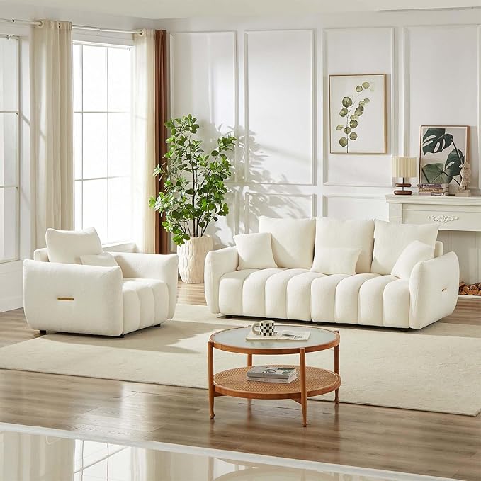 Antetek Teddy Sofa Set for Living Room, Modern Deep Seat Sofa Chair and Oversized 3-Seater Cloud Boucle Couch for Bedroom, Office, Apartment, Furniture Set, Beige (2 Piece)