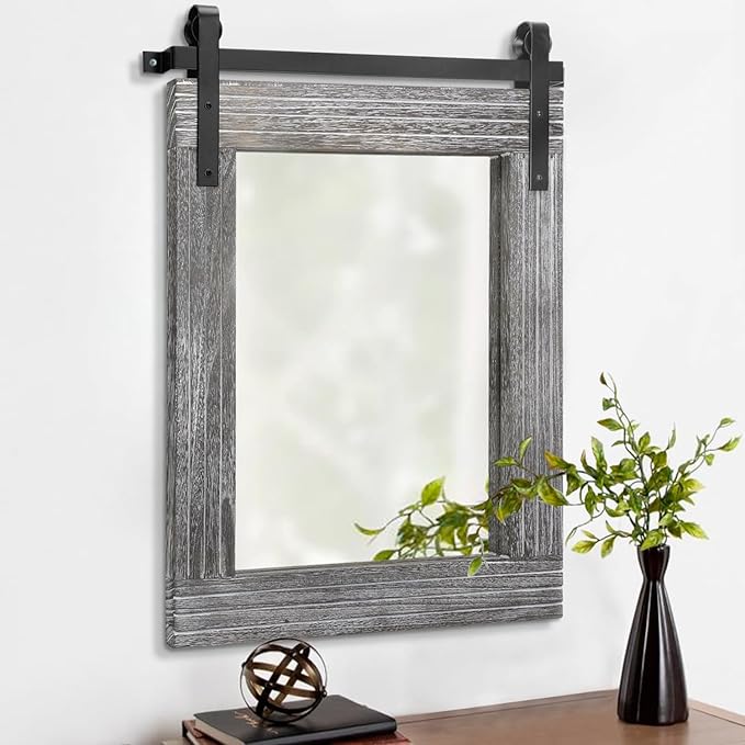 AAZZKANG Wall Mirror Large Rectangle Barn Door Mirrors with Wooden Framed Rustic for Bedroom Bathroom Living Room 26"x18"