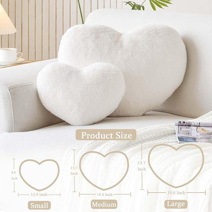 XVTRU Ivory Heart Pillows, Cute Heart Decorative Pillow, Heart Shaped Throw Pillows for Bed, Faux Rabbit Fur Plush Hoom Decor Pillow Cushion for Chair Sofa Living Room (Medium-15.7"x11.8")